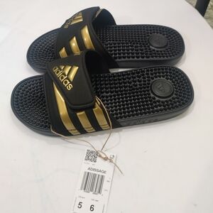 Adidas Black Slides with Gold Stripes Size 5 M/ 6 W